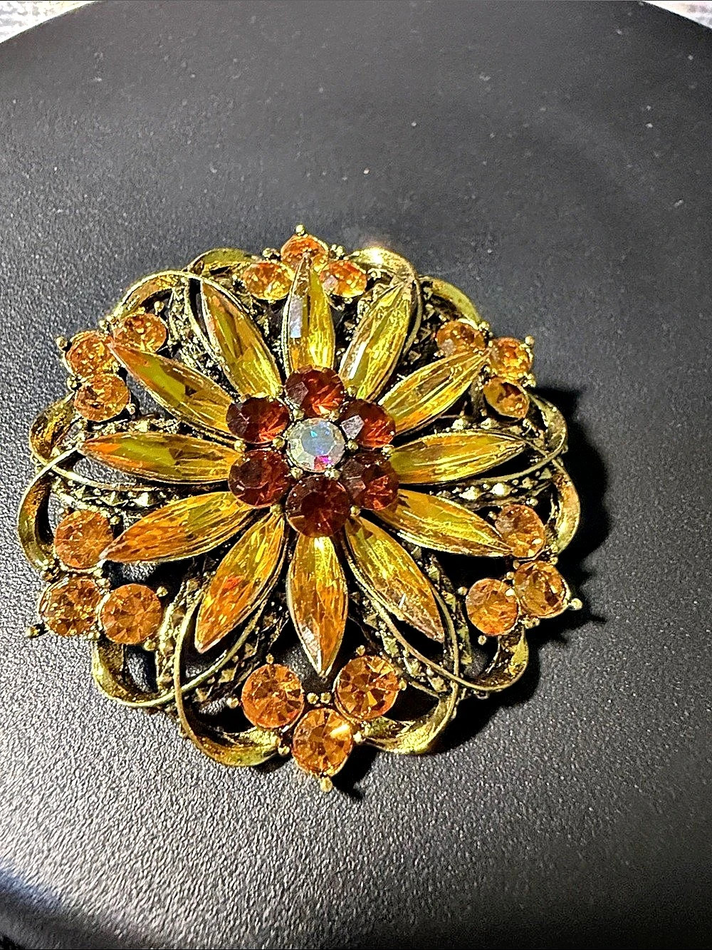 Floral Rhinestone Brooch in Gold & Orange